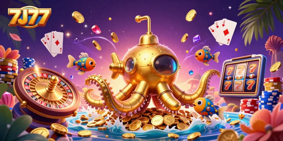 Experience the thrilling action of 7J77 with dynamic gambling elements and a golden kraken submarine.