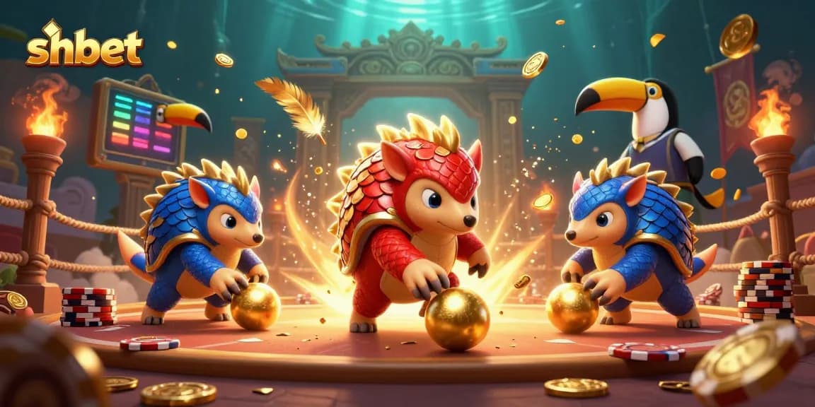 shbet features dynamic pangolins bowling golden balls through poker chips in a vibrant gaming scene