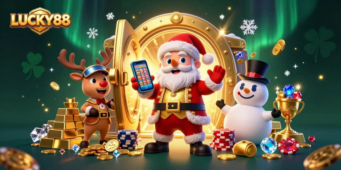 LUCKY88 Santa and friends celebrate wins with jackpots in a vibrant casino setting.