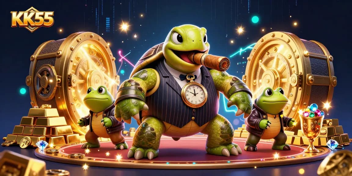 Engage with KK55’s vibrant casino experience featuring a cartoon turtle and bullfrogs amidst gold treasures.