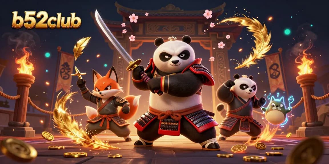 The b52club promotional illustration showcases a samurai panda, ninja fox, and floating tanuki in a vibrant gambling arena.