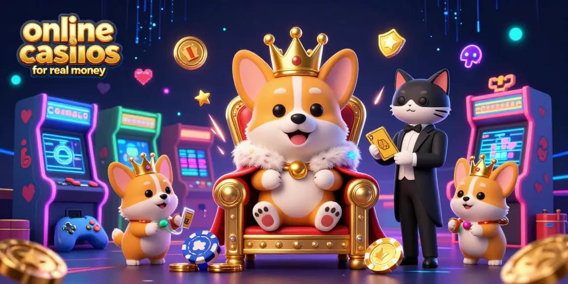 Engage in online casinos for real money australia with this vibrant scene of a royal corgi king and colorful gaming elements.