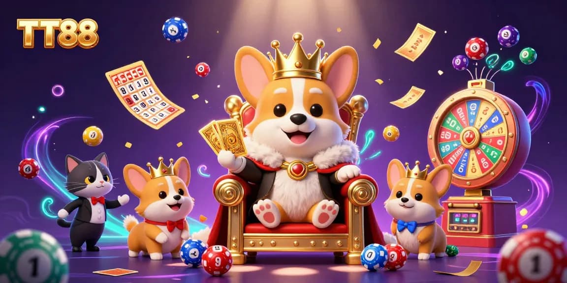 Experience the excitement of TT88 casino with a royal corgi on a throne amidst vibrant gaming elements.