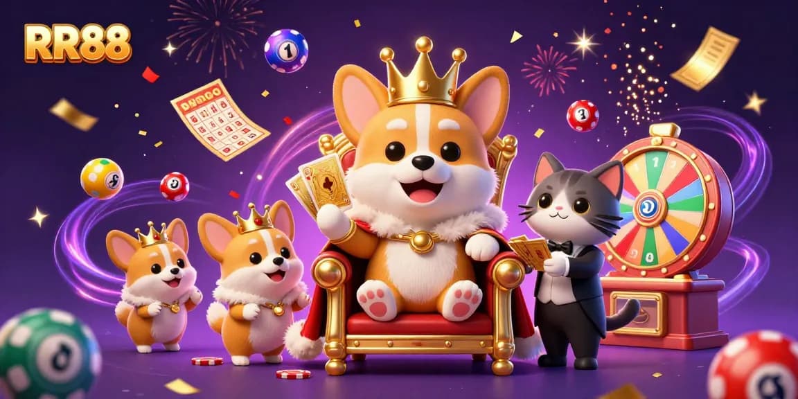Experience the excitement of RR88 with a royal corgi on a throne of poker chips in a dynamic casino scenario.