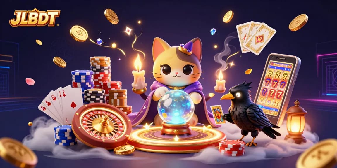 Players win big with JLBDT at a mystical casino scene featuring vibrant characters and rich game elements.