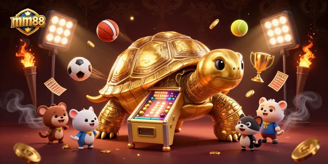 Experience mm88 action with 3D golden tortoise and game elements, showcasing online casino thrills.