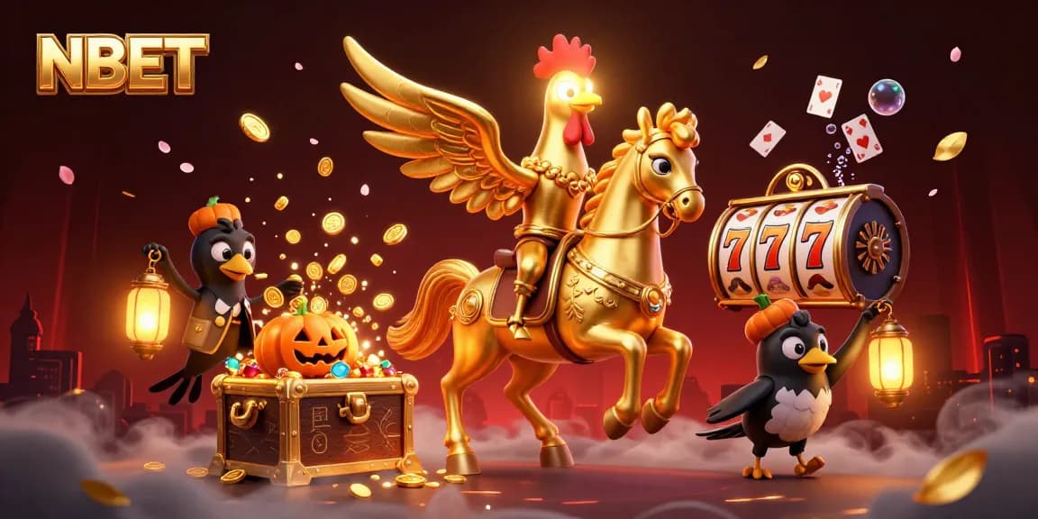 Spin the reels with NBET, featuring a golden rooster and dynamic casino elements.