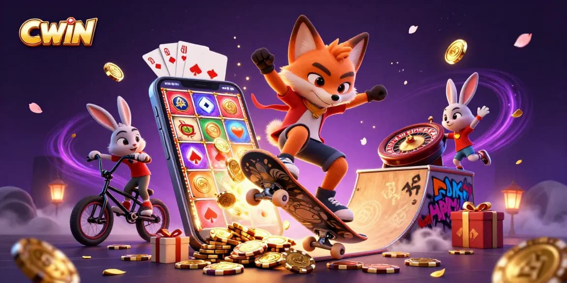CWIN offers exciting gameplay with a fox skateboarder and rabbit BMX rider, showcasing dynamic casino-themed elements.
