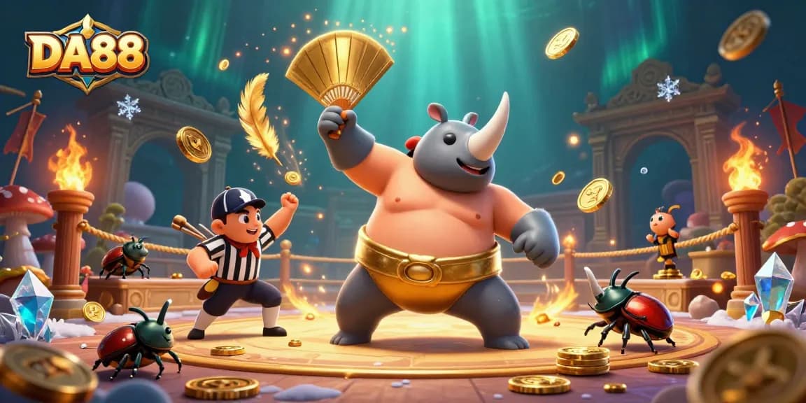 Experience the thrilling DA88 action with the sumo champion beetle and lively casino scene.