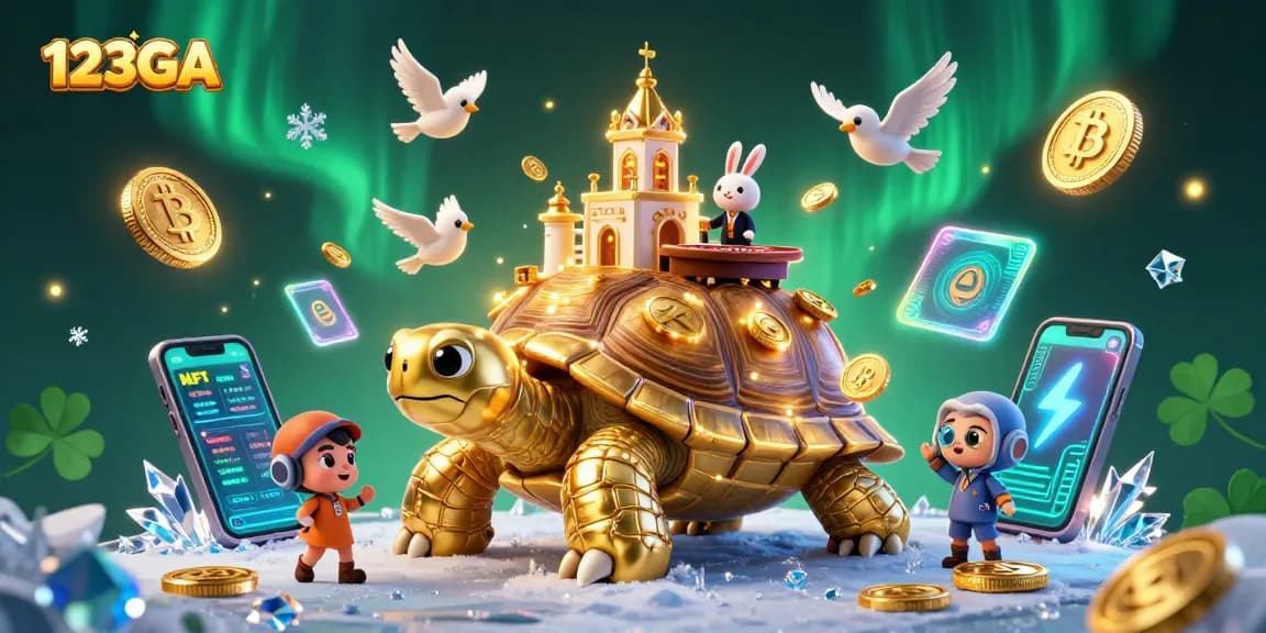 Engage with 123GA in a vibrant casino world featuring a golden tortoise, a rabbit dealer, and crypto coins.