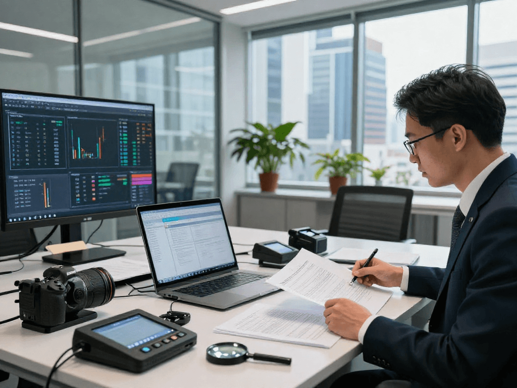 Document fraud detection in action as a compliance officer analyzes suspect documents with advanced software in a modern office.