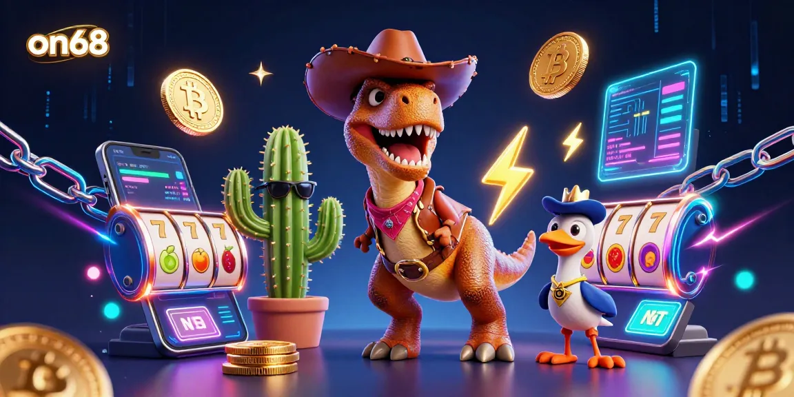 Experience thrilling action with on68 as T-Rex cowboy and friends spin the reels in this vibrant casino scene.