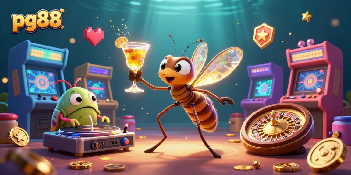 Engage with pg88's thrilling atmosphere as a lively mosquito mascot and trilobite DJ create dynamic gaming energy.