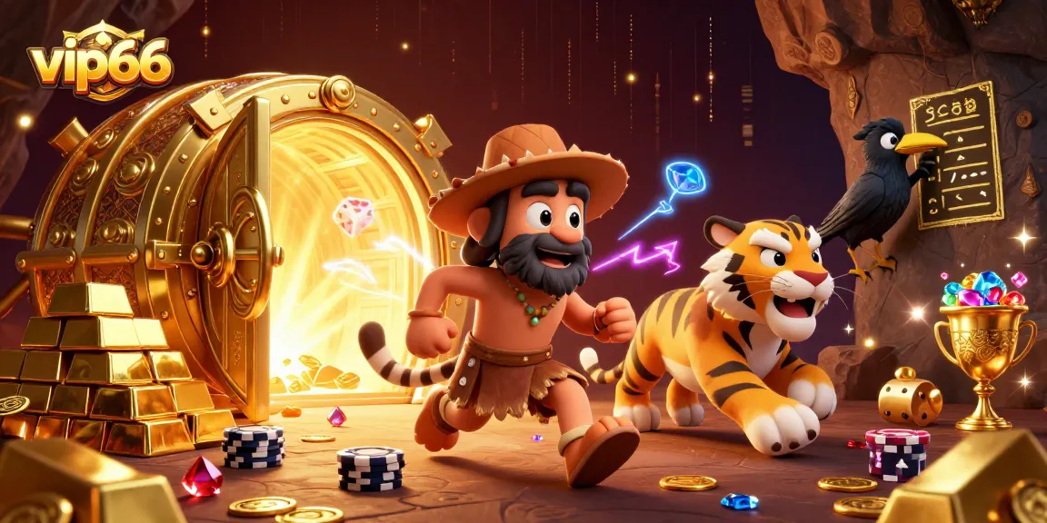 Experience the thrill of vip66 with a vibrant prehistoric casino scene featuring a caveman, saber-tooth tiger, and gems.