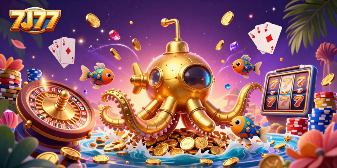 Experience the thrilling action of 7J77 with dynamic gambling elements and a golden kraken submarine.