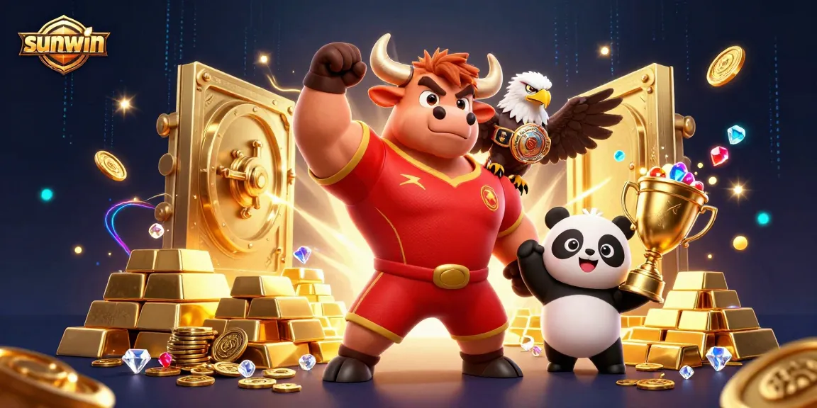 Win big at sunwin with a powerful bull mascot and golden treasures in a vibrant casino scene.
