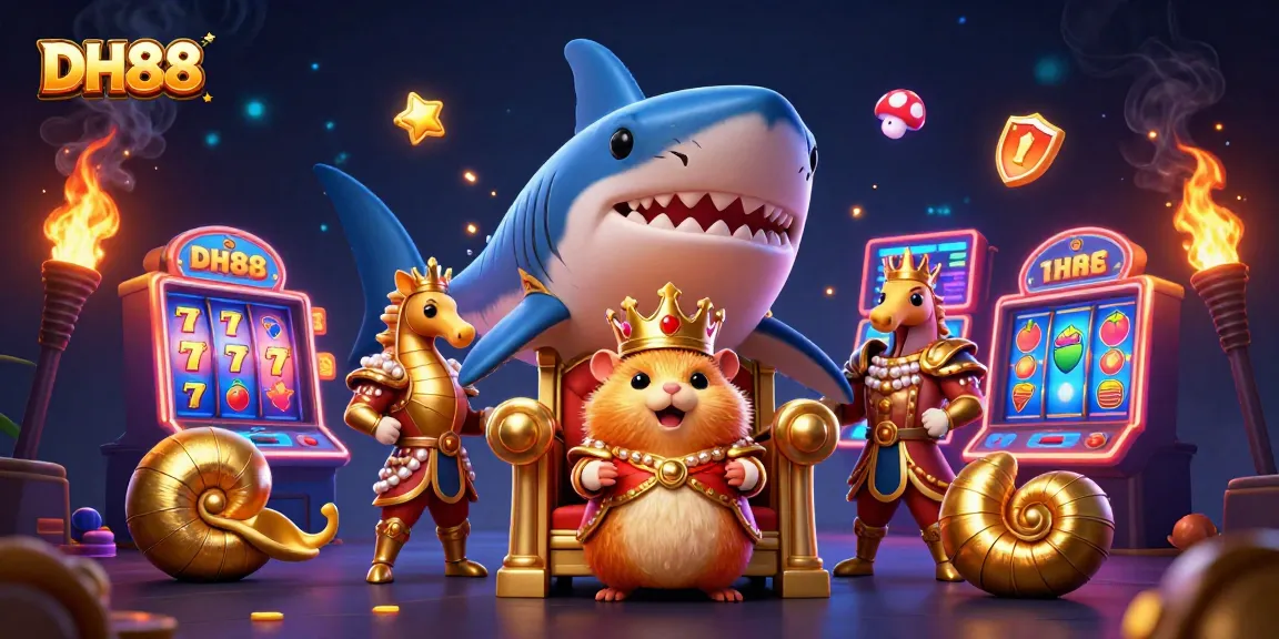 Play games at DH88, where a fierce hamster king reigns over vibrant slot machines and casino gold.