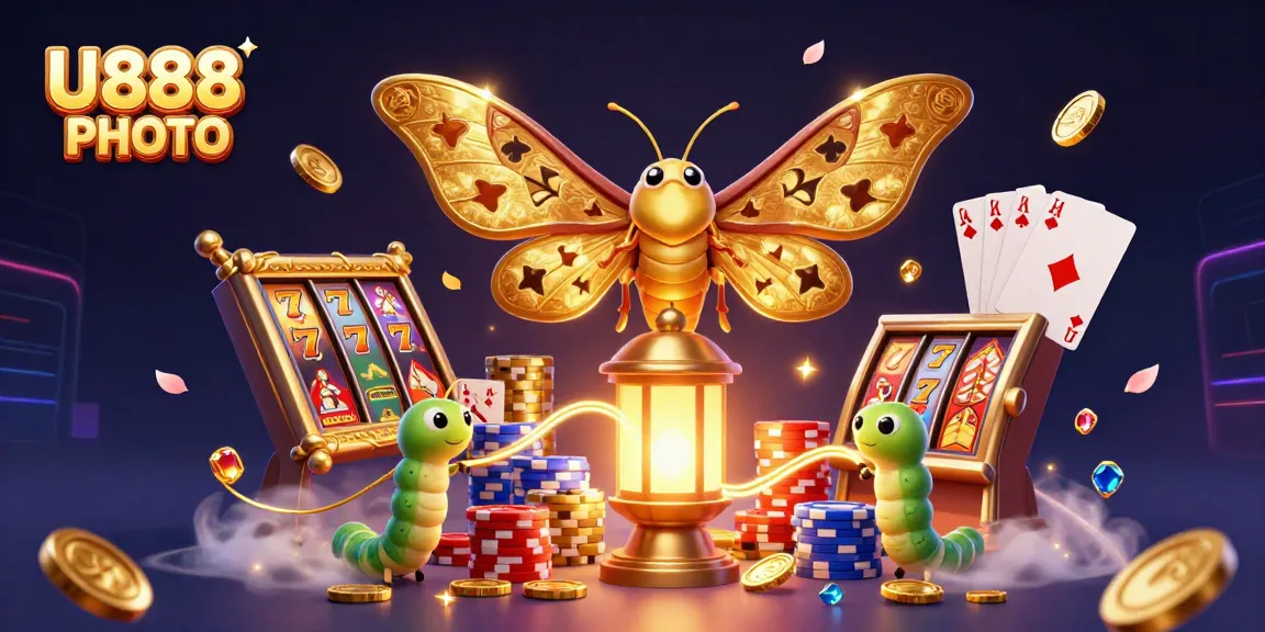 Spin the reels with U888 PHOTO, showcasing a vibrant 3D casino scene filled with golden treasures and lucky symbols.