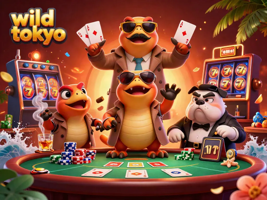 Engage with wild tokyo casino excitement featuring raptors at a poker table with vibrant game elements.