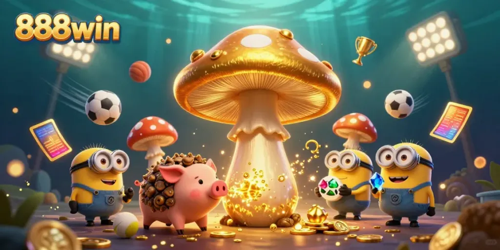 Experience the magic of 888win with a whimsical golden mushroom wizard and treasures in a vibrant 3D casino scene.