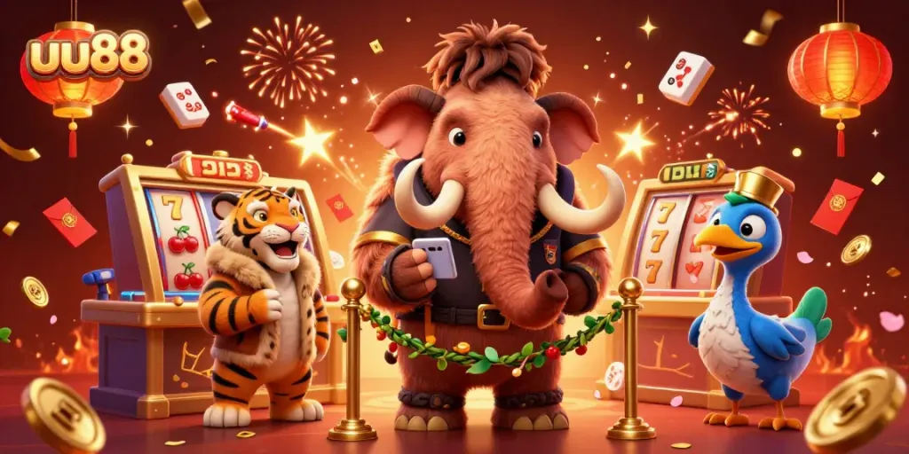 uu88 engages players with a vibrant casino scene featuring a woolly mammoth bouncer and dynamic game elements.