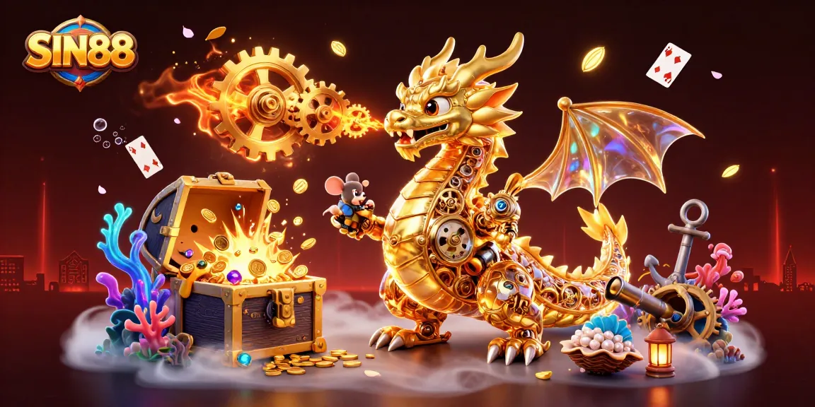 Engage in the thrilling world of SIN88 with a golden dragon, treasure, and gambling elements.