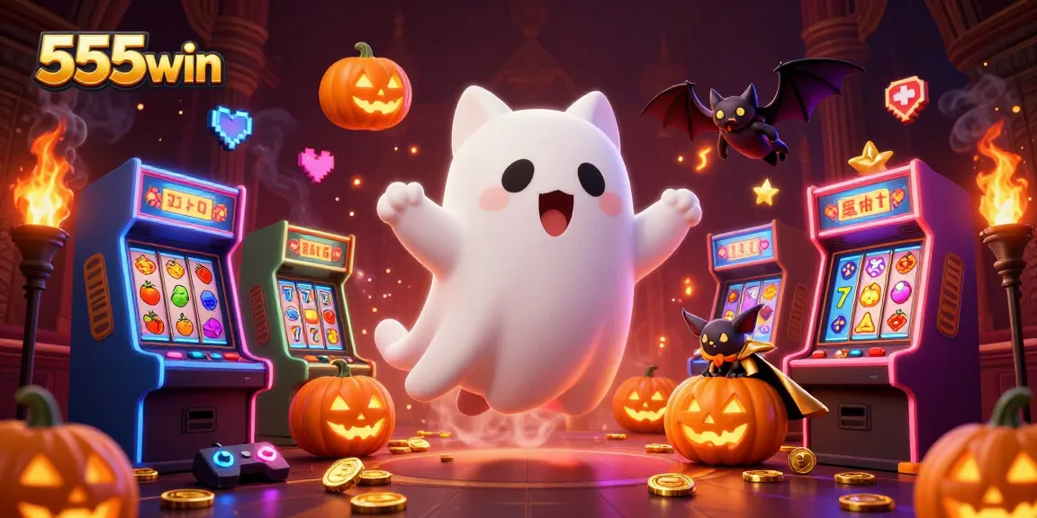 Experience thrilling gaming at 555win with a ghost cat and jack-o-lanterns in a haunted casino