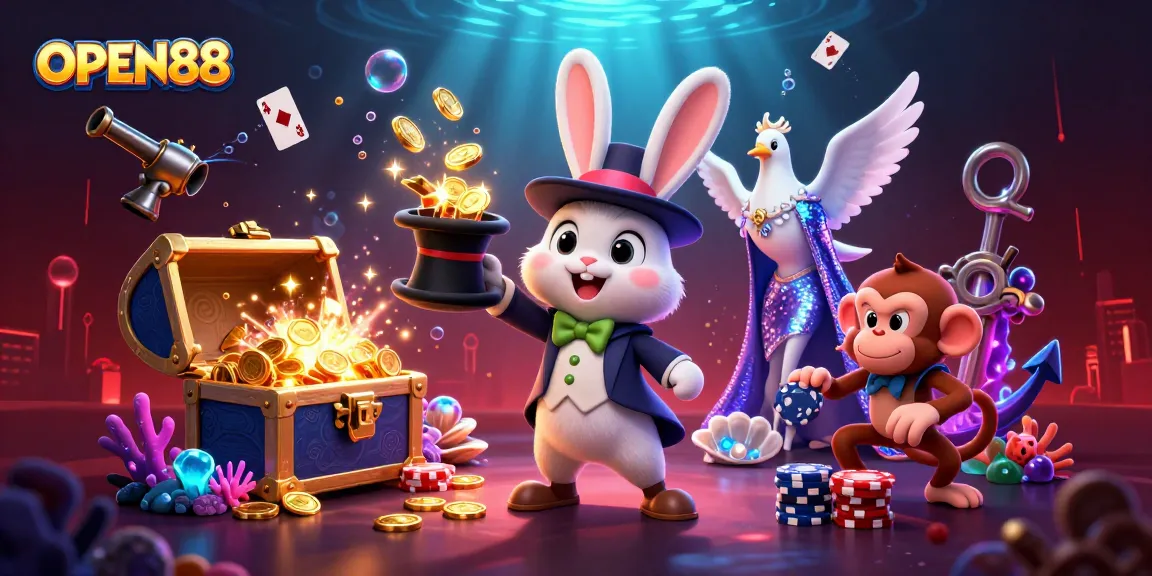 OPEN88 showcases a magical scene with a rabbit, dove, and monkey in a lively casino setting.