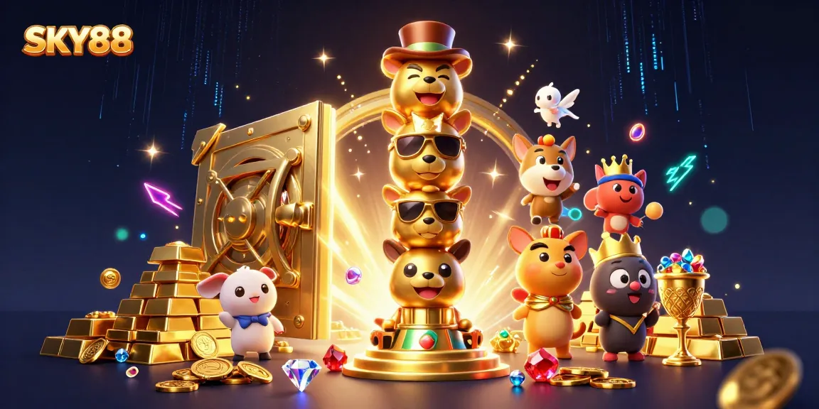 Immerse in the excitement of SKY88 with vibrant casino visuals and dynamic treasure elements.