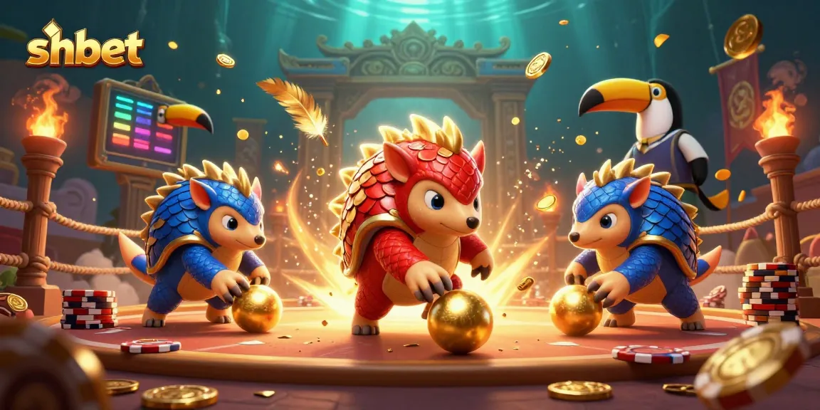 shbet features dynamic pangolins bowling golden balls through poker chips in a vibrant gaming scene