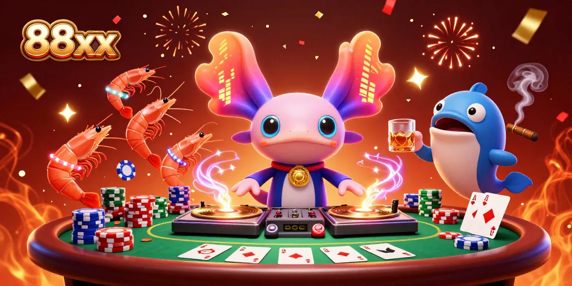 Engage with the vibrant 88xx casino scene featuring a neon axolotl DJ and animated shrimp dancers.