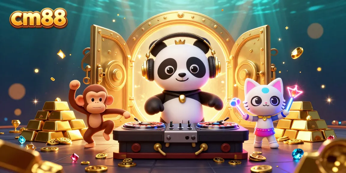 Experience the excitement of cm88 as a DJ panda spins jackpot roulette wheels surrounded by dazzling treasures.