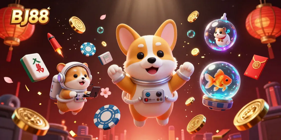 Experience the thrill of BJ88 with a vibrant, floating casino scene featuring dynamic 3D characters and elements.