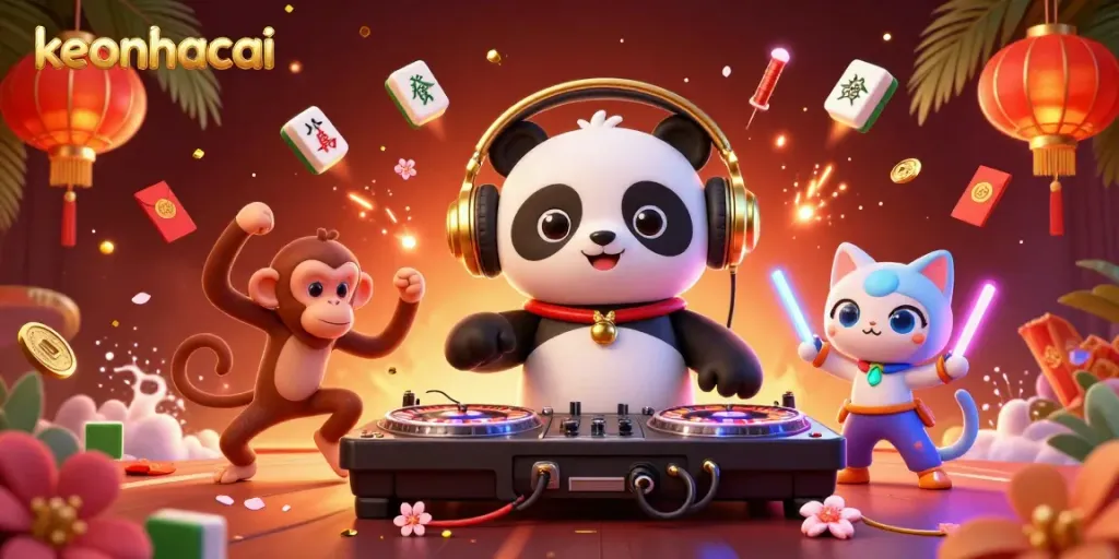 Celebrate with keonhacai and experience thrilling action in a dynamic casino scene featuring lively characters and gaming elements.