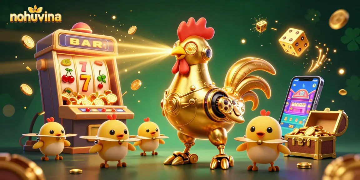 Play exciting games at nohuvina with a golden rooster robot, slot machine, and dazzling casino elements!
