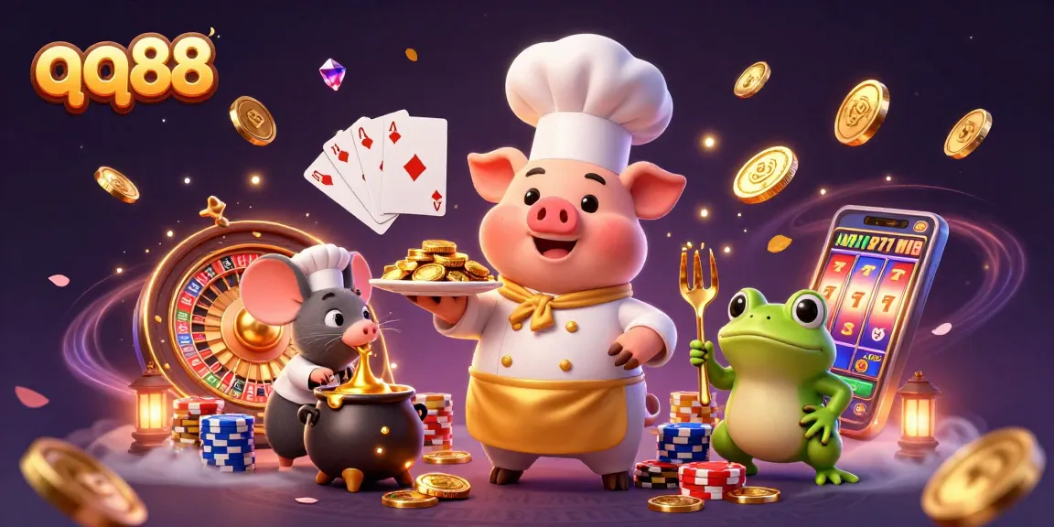 Win big with qq88 as a chef pig serves gold coins alongside a delightful sous-chef mouse.