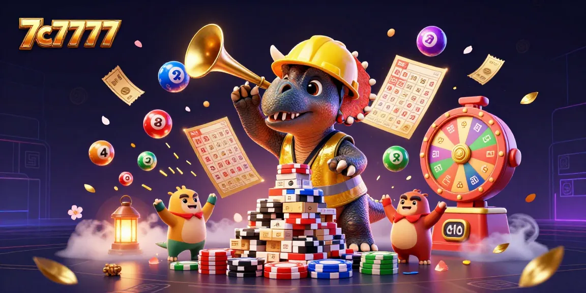Exciting 7c7777 casino scene featuring a triceratops and friends celebrating with colorful lottery elements.