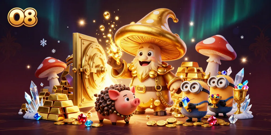 Engage in thrilling gameplay with O8's magical elements showcasing golden treasures and treasure-hunting characters.