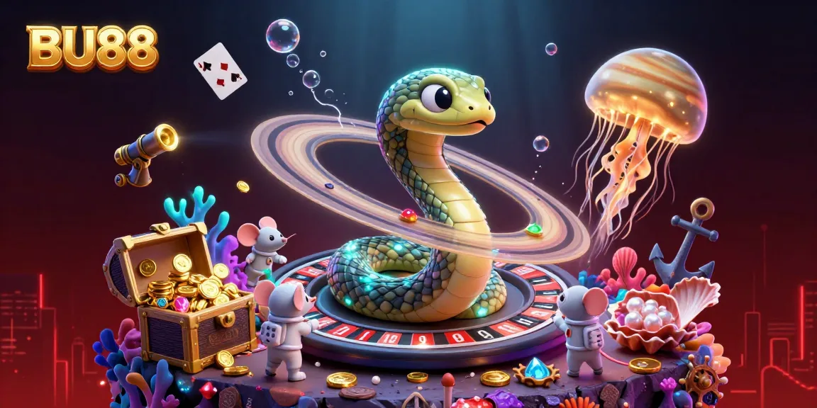 Spin the BU88 roulette wheel with a cartoon Saturn snake and astronaut mice in a cosmic casino.