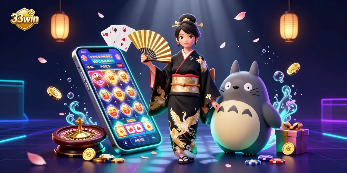 Engage with 33win's vibrant slot scene featuring a Japanese woman and a wise tanuki amidst dynamic casino elements.