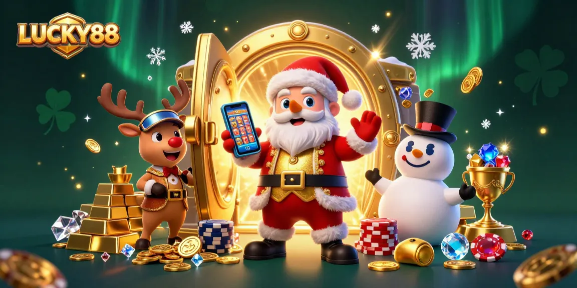 LUCKY88 Santa and friends celebrate wins with jackpots in a vibrant casino setting.