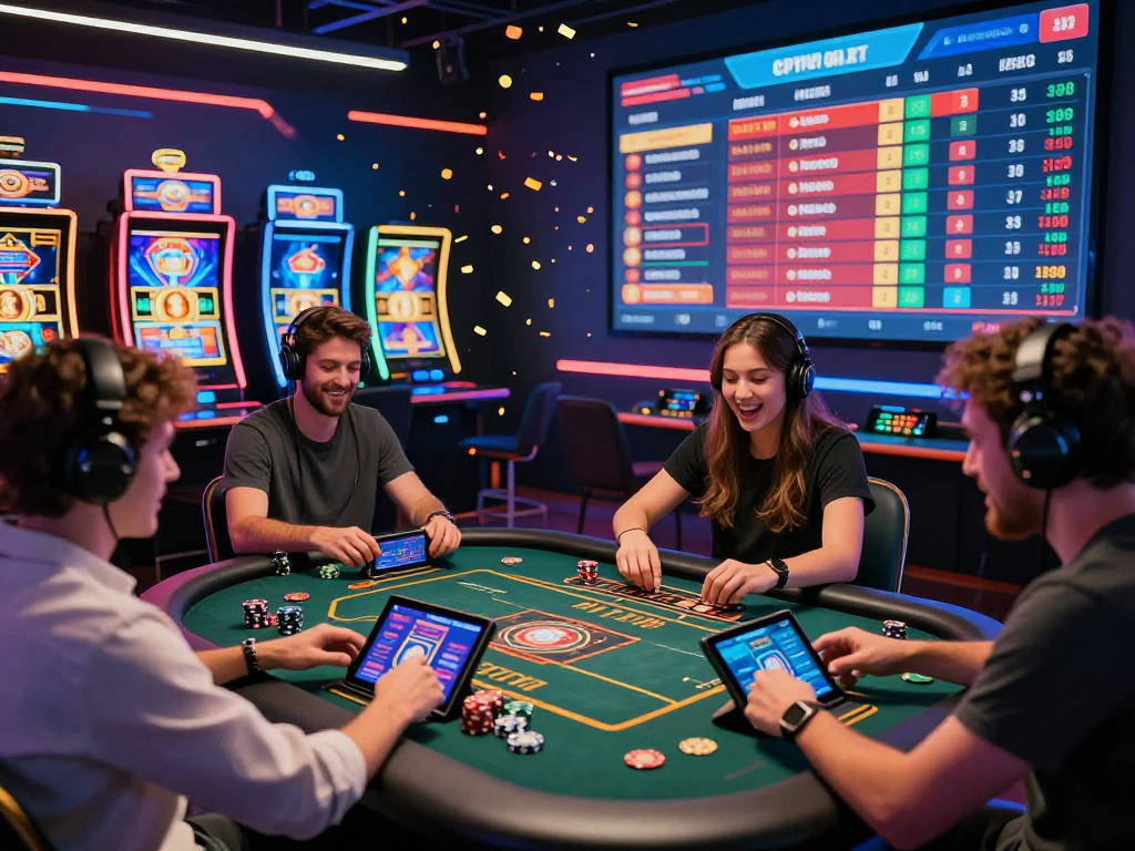 Exciting crypto casino environment with players celebrating wins and engaging with digital games.