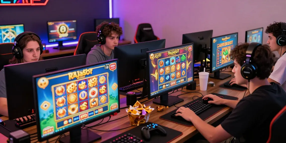 Pengguna rajaslot 20 terlibat dalam permainan slot online di ruang permainan modern yang penuh warna.