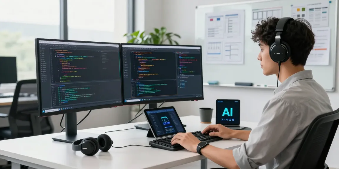 Developer utilizing AI tools 2026 in a modern tech workspace filled with coding displays and gadgets.