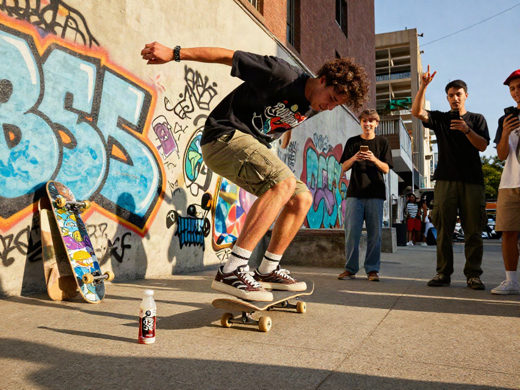 Skater showcasing rokok88 style during an urban trick in a vibrant city setting.