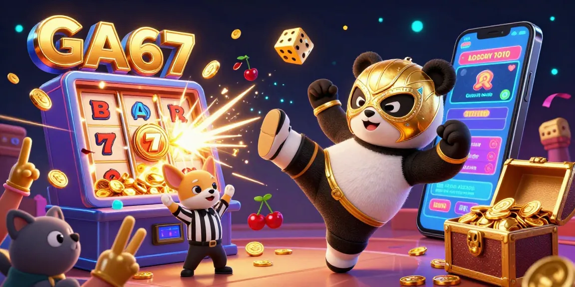 Experience the thrill of GA67 in a colorful cartoon arena with a flying panda wrestler amidst a jackpot explosion.