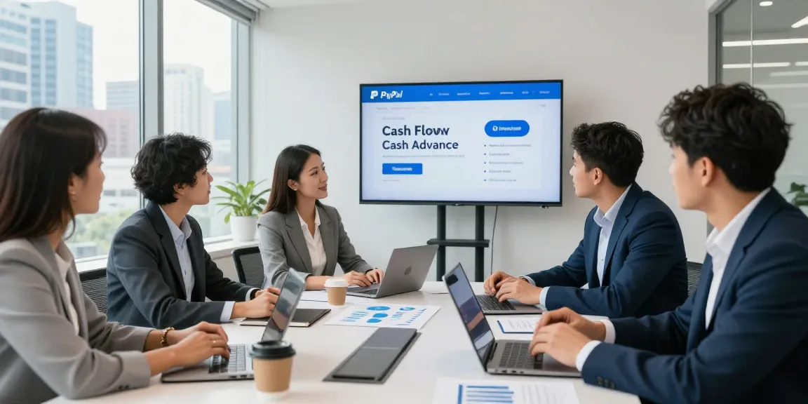 Entrepreneurs discussing a PayPal merchant cash advance in a modern office setting.