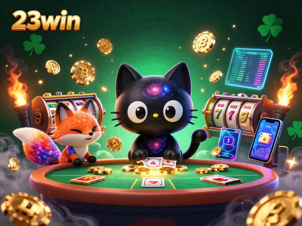 Engage in thrilling gameplay at 23win, featuring cosmic slots and vibrant characters in a vivid casino scene.