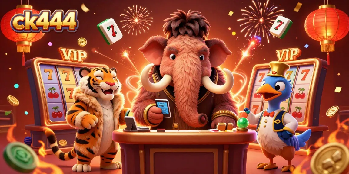 Engage in exhilarating gaming at ck444 casino, featuring a mammoth bouncer and VIPs amidst dynamic slot reels.