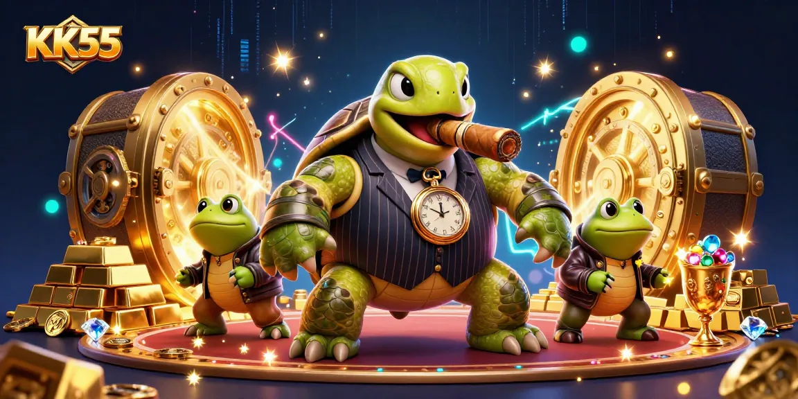 Engage with KK55’s vibrant casino experience featuring a cartoon turtle and bullfrogs amidst gold treasures.